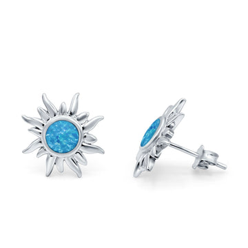 Sun Stud Earrings Lab Created Blue Opal 925 Sterling Silver (6.26mm)
